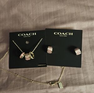 Coach Gold-Tone Necklace and Pink Enamel Ring Pendant Earrings Set